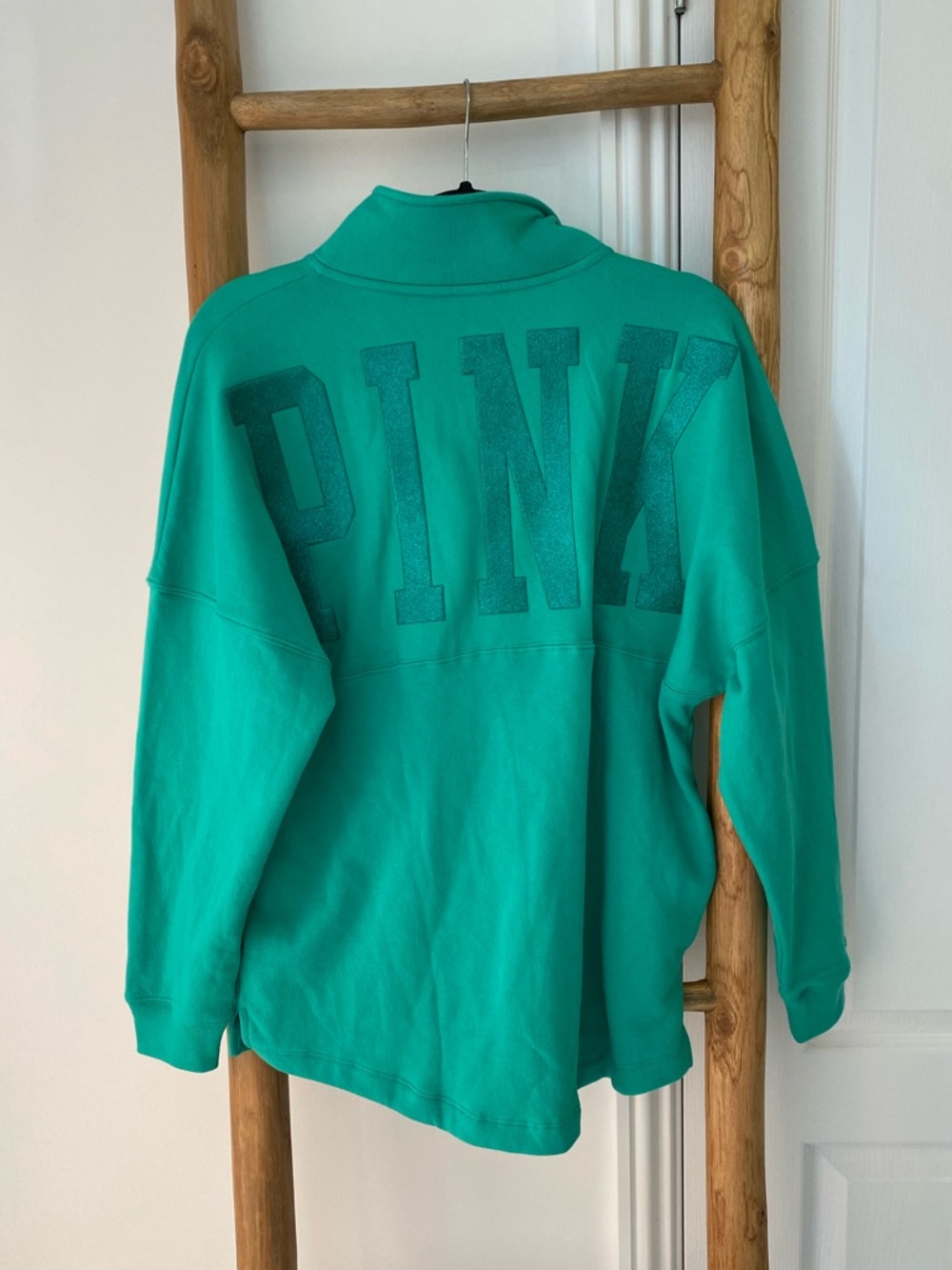 Victoria's Secret PINK Green Glitter Logo Fleece Quarter Zip Varsity Sweatshirt